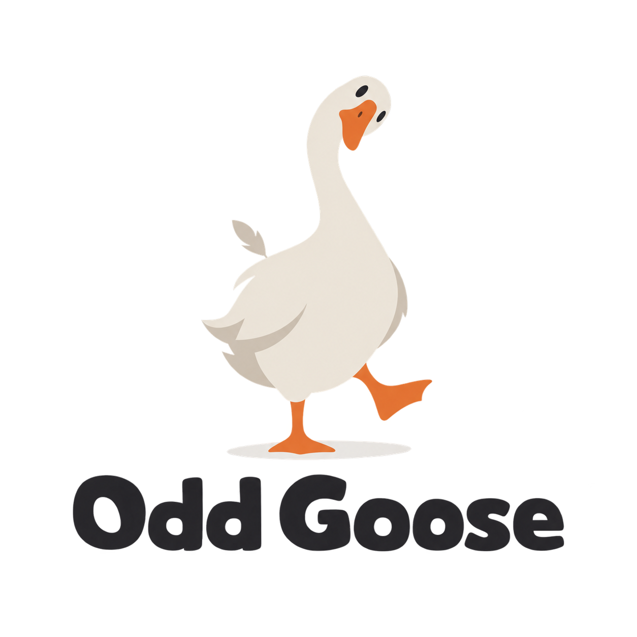 Odd Goose logo: a curious white goose with a tilted head and one orange foot raised.